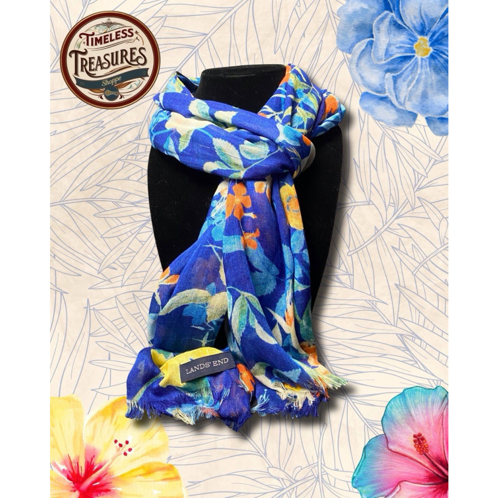 Lands' End Casual Scarf Oblong Blue Floral Lightweight
